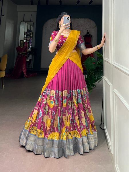 Intricate Hot Pink Dola Silk Lehenga Set with Kalamkari Print and Dupatta at Manufacturer  Wholesale Lehengas Suppliers in Fiji