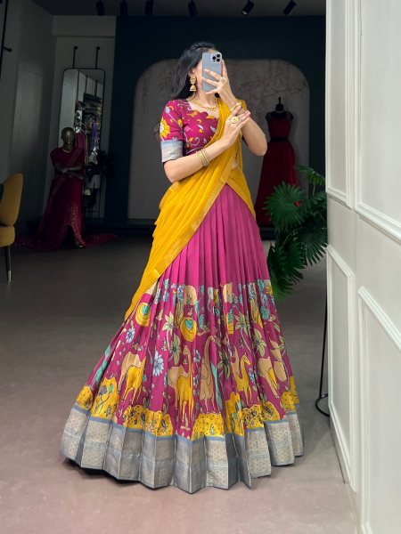 Intricate Hot Pink Dola Silk Lehenga Set with Kalamkari Print and Dupatta at Manufacturer  Designer Lehenga Choli