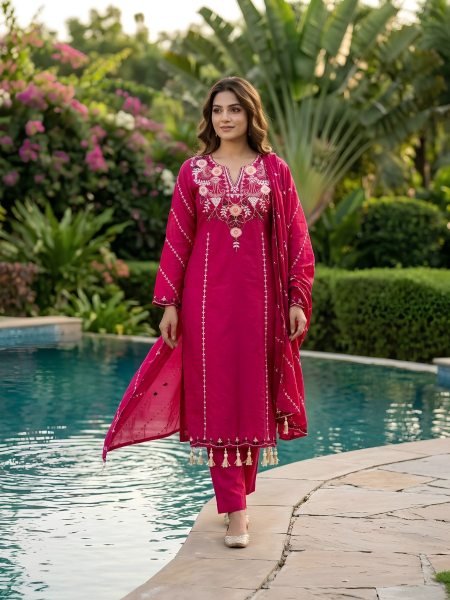 Intricate Hot Pink Roman Silk Salwar Suit Set with Embroidered Dupatta and Latkan Work Kurtis