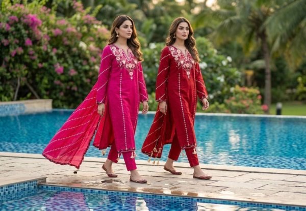 Intricate Hot Pink Roman Silk Salwar Suit Set with Embroidered Dupatta and Latkan Work Embroidery Kurtis 