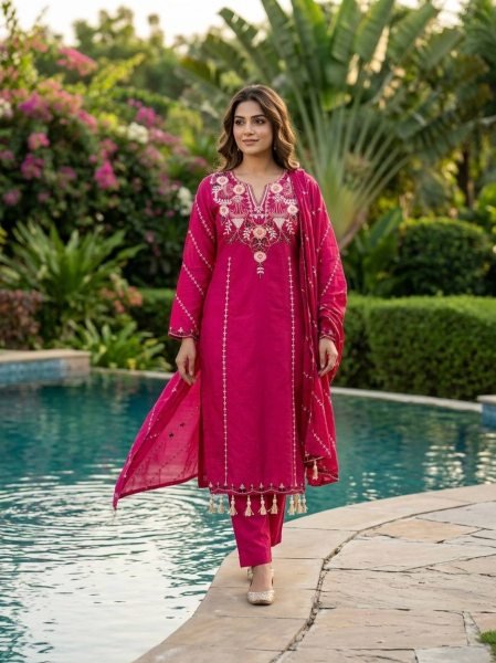 Intricate Hot Pink Roman Silk Salwar Suit Set with Embroidered Dupatta and Latkan Work Embroidery Kurtis 