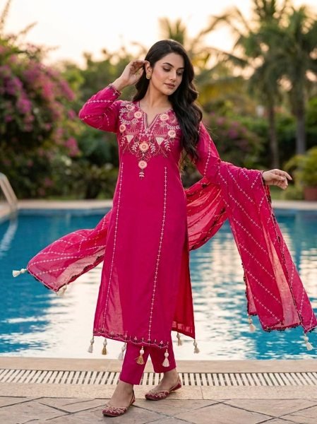 Intricate Hot Pink Roman Silk Salwar Suit Set with Embroidered Dupatta and Latkan Work Embroidery Kurtis 