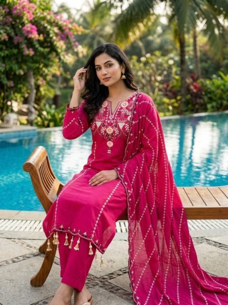 Intricate Hot Pink Roman Silk Salwar Suit Set with Embroidered Dupatta and Latkan Work Embroidery Kurtis 