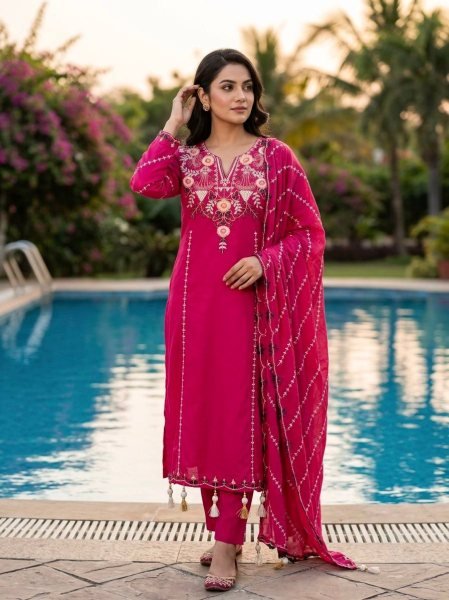 Intricate Hot Pink Roman Silk Salwar Suit Set with Embroidered Dupatta and Latkan Work Embroidery Kurtis 