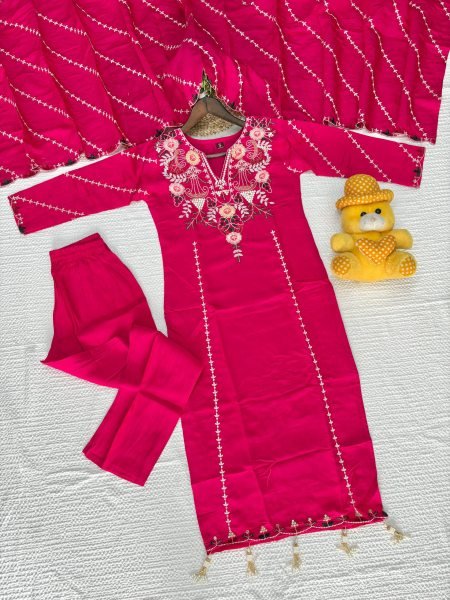 Intricate Hot Pink Roman Silk Salwar Suit Set with Embroidered Dupatta and Latkan Work Embroidery Kurtis 