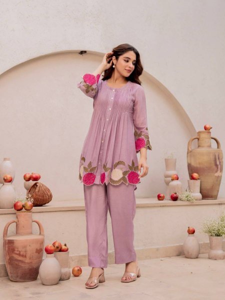 Intricate Lavender Designer Two Piece Co Ord Set with Elegant Embroidery Work Kurtis