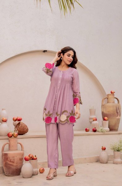 Intricate Lavender Designer Two Piece Co Ord Set with Elegant Embroidery Work CO ORD Sets