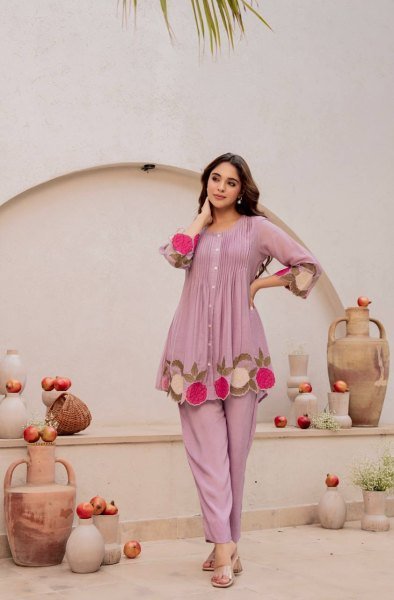 Intricate Lavender Designer Two Piece Co Ord Set with Elegant Embroidery Work CO ORD Sets