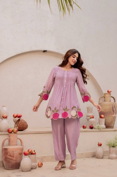 Intricate Lavender Designer Two Piece Co Ord Set with Elegant Embroidery Work CO ORD Sets