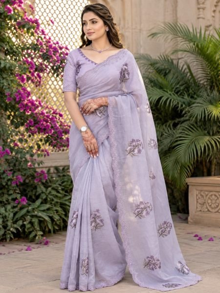 Intricate Lavender Jute Organza Embroidered Saree with Sequin Work Blouse 