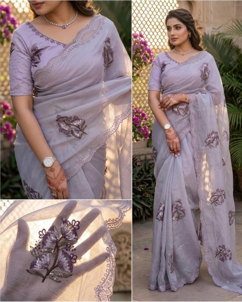 Intricate Lavender Jute Organza Embroidered Saree with Sequin Work Blouse Embroidery Sarees Wholesale