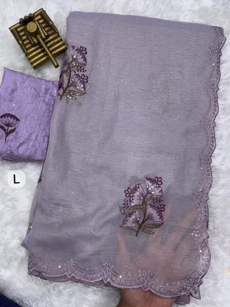 Intricate Lavender Jute Organza Embroidered Saree with Sequin Work Blouse Embroidery Sarees Wholesale
