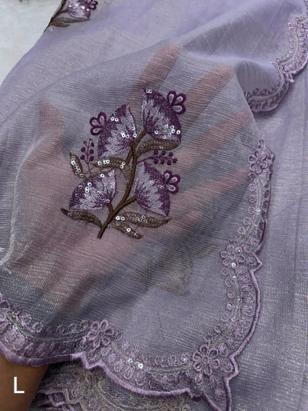 Intricate Lavender Jute Organza Embroidered Saree with Sequin Work Blouse Embroidery Sarees Wholesale