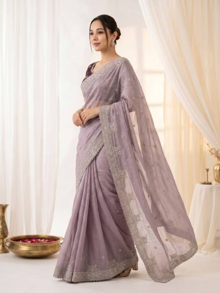 Intricate Lavender Pure Fandy Satin Saree with Embroidered C Pallu and Stitched Blouse