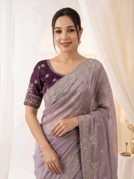 Intricate Lavender Pure Fandy Satin Saree with Embroidered C Pallu and Stitched Blouse Embroidery Sarees Wholesale