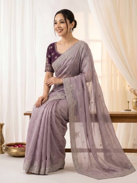 Intricate Lavender Pure Fandy Satin Saree with Embroidered C Pallu and Stitched Blouse Embroidery Sarees Wholesale