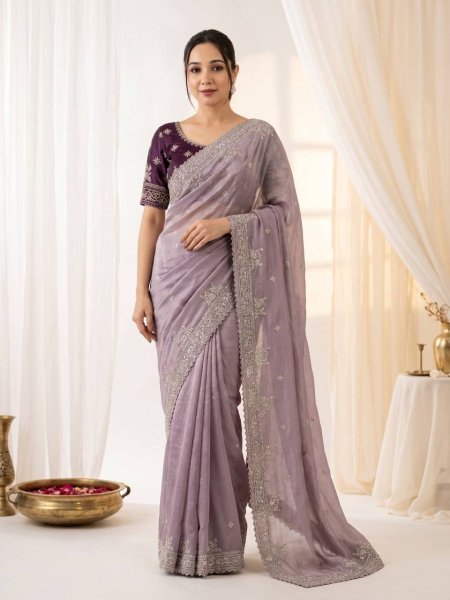 Intricate Lavender Pure Fandy Satin Saree with Embroidered C Pallu and Stitched Blouse Embroidery Sarees Wholesale