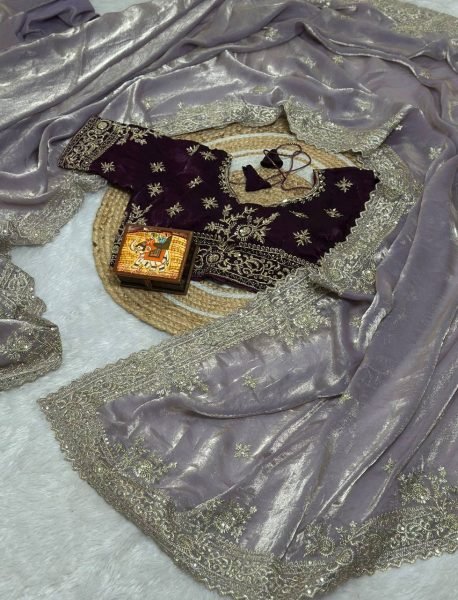 Intricate Lavender Pure Fandy Satin Saree with Embroidered C Pallu and Stitched Blouse Embroidery Sarees Wholesale