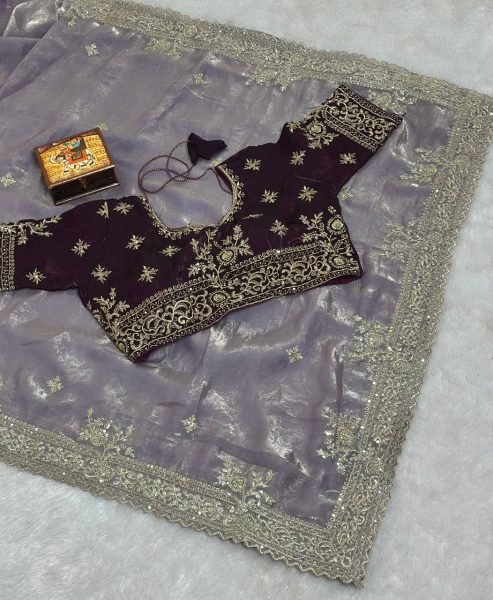 Intricate Lavender Pure Fandy Satin Saree with Embroidered C Pallu and Stitched Blouse Embroidery Sarees Wholesale