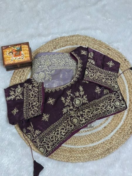 Intricate Lavender Pure Fandy Satin Saree with Embroidered C Pallu and Stitched Blouse Embroidery Sarees Wholesale