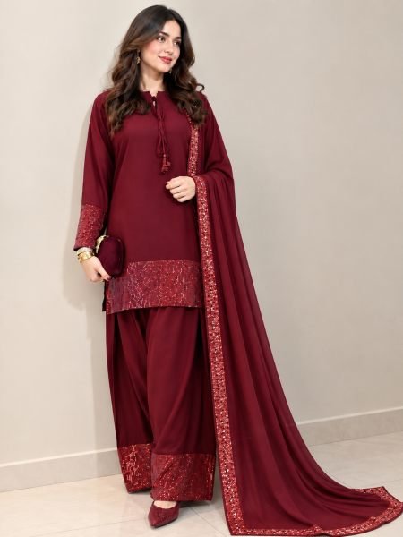 Intricate Maroon Designer French Crepe Top Farsi Salwar Dupatta Set for Women Ready To Wear Suit