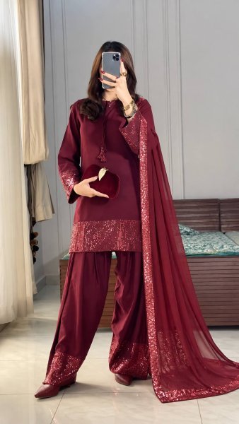 Intricate Maroon Designer French Crepe Top Farsi Salwar Dupatta Set for Women Ready To Wear Collection