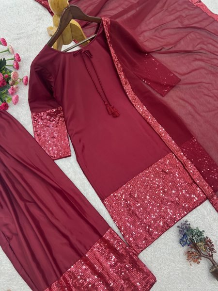 Intricate Maroon Designer French Crepe Top Farsi Salwar Dupatta Set for Women Ready To Wear Collection