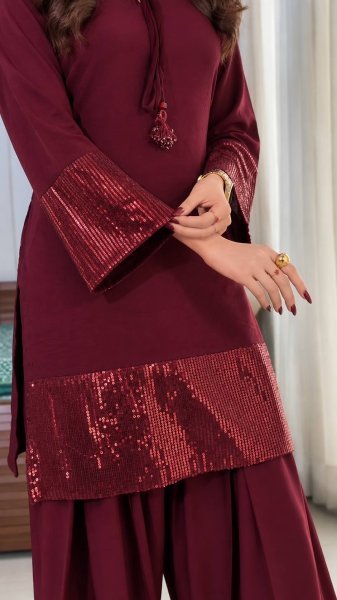 Intricate Maroon Designer French Crepe Top Farsi Salwar Dupatta Set for Women Ready To Wear Collection