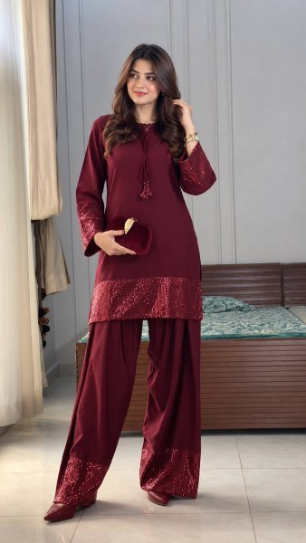 Intricate Maroon Designer French Crepe Top Farsi Salwar Dupatta Set for Women Ready To Wear Collection