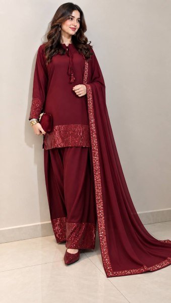 Intricate Maroon Designer French Crepe Top Farsi Salwar Dupatta Set for Women Ready To Wear Collection