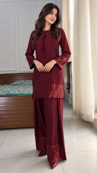 Intricate Maroon Designer French Crepe Top Farsi Salwar Dupatta Set for Women Ready To Wear Collection