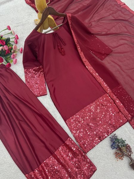 Intricate Maroon Designer French Crepe Top Farsi Salwar Dupatta Set for Women Ready To Wear Collection