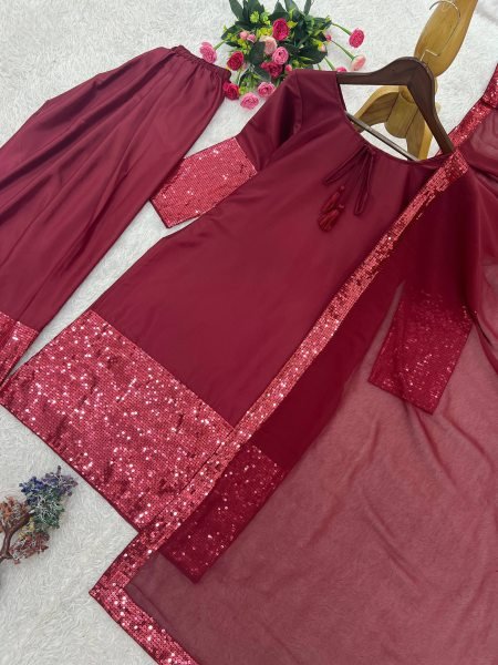 Intricate Maroon Designer French Crepe Top Farsi Salwar Dupatta Set for Women Ready To Wear Collection