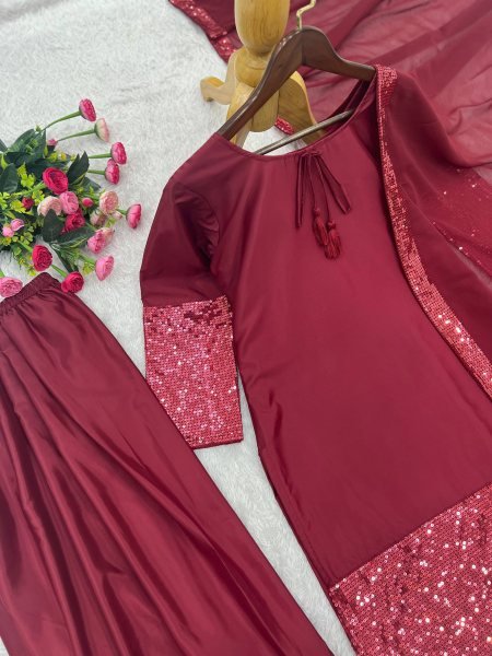 Intricate Maroon Designer French Crepe Top Farsi Salwar Dupatta Set for Women Ready To Wear Collection