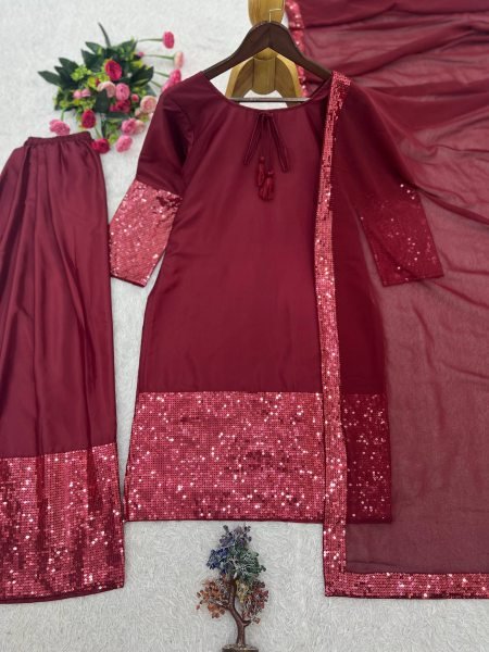 Intricate Maroon Designer French Crepe Top Farsi Salwar Dupatta Set for Women Ready To Wear Collection