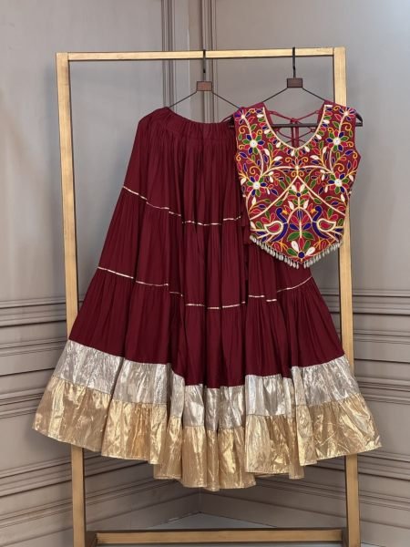 Intricate Maroon Designer Rayon Lehenga Choli with 12 Meter Flair for Navrati Collection   Lehenga