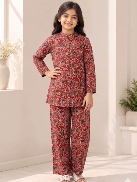 Intricate Maroon Premium Cotton Printed Co-Ord Set for Kids Kurtis