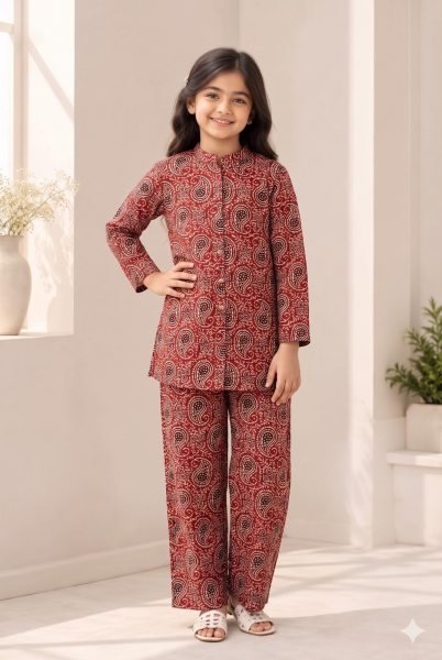 Intricate Maroon Premium Cotton Printed Co-Ord Set for Kids Girls Wear