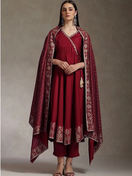 Intricate Maroon Printed Anarkali Set With Beautiful Neck Work For Fashion Distributor 