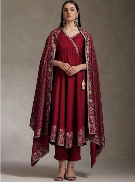 Intricate Maroon Printed Anarkali Set With Beautiful Neck Work For Fashion Distributor Ready To Wear Collection