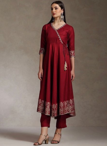 Intricate Maroon Printed Anarkali Set With Beautiful Neck Work For Fashion Distributor Ready To Wear Collection