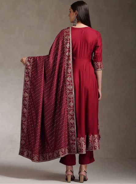 Intricate Maroon Printed Anarkali Set With Beautiful Neck Work For Fashion Distributor Ready To Wear Collection