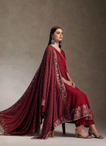 Intricate Maroon Printed Anarkali Set With Beautiful Neck Work For Fashion Distributor Ready To Wear Collection