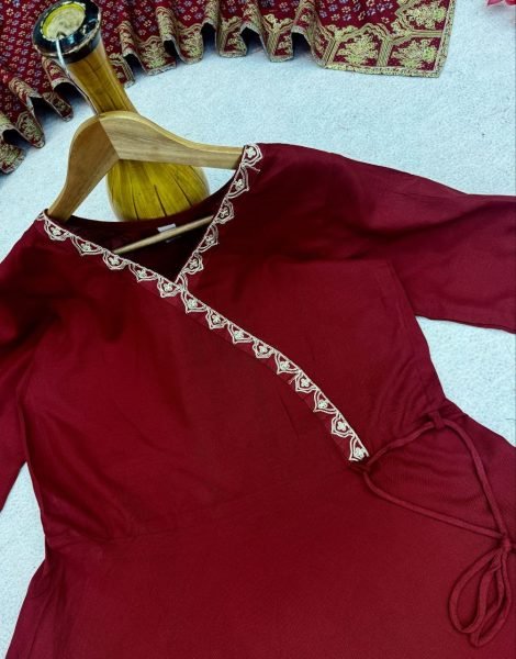 Intricate Maroon Printed Anarkali Set With Beautiful Neck Work For Fashion Distributor Ready To Wear Collection