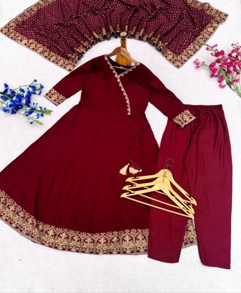 Intricate Maroon Printed Anarkali Set With Beautiful Neck Work For Fashion Distributor Ready To Wear Collection