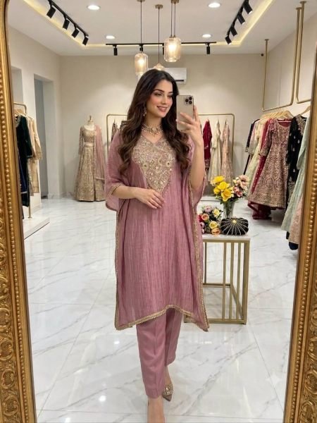 Intricate Mauve Designer Salsa Crush Silk Kaftan with Embroidery Work For Festival Kurtis