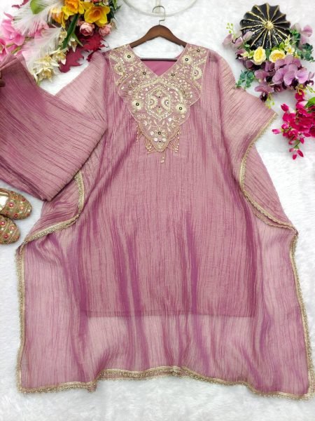 Intricate Mauve Designer Salsa Crush Silk Kaftan with Embroidery Work For Festival Kaftan 
