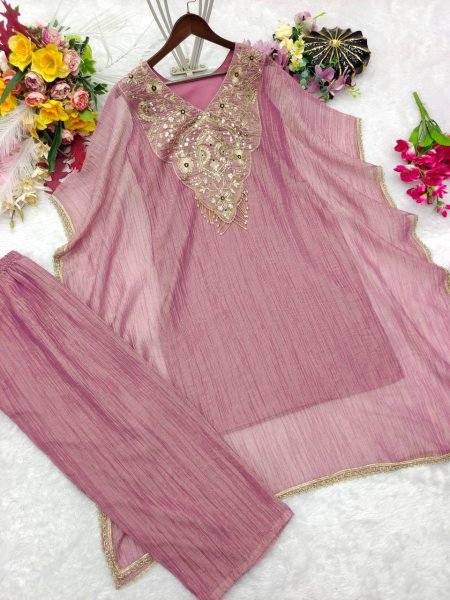 Intricate Mauve Designer Salsa Crush Silk Kaftan with Embroidery Work For Festival Kaftan 