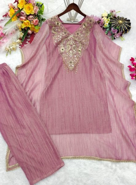 Intricate Mauve Designer Salsa Crush Silk Kaftan with Embroidery Work For Festival Kaftan 