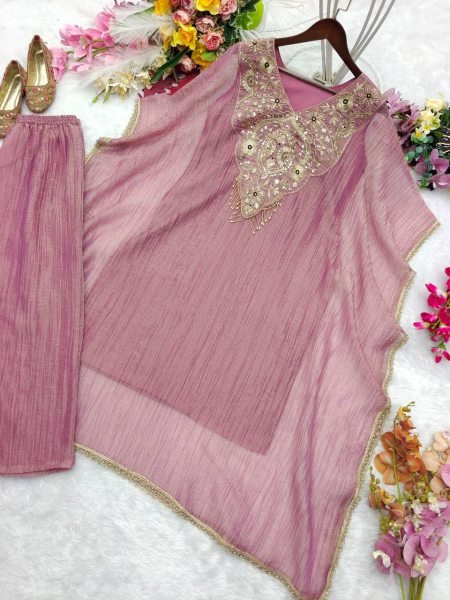 Intricate Mauve Designer Salsa Crush Silk Kaftan with Embroidery Work For Festival Kaftan 